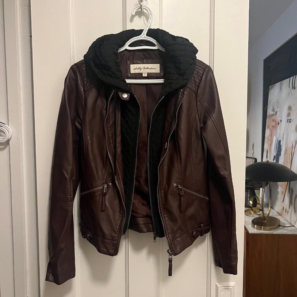 Sebby brown faux leather biker jacket w/black quilted hood/vest size s - Picture 8 of 12